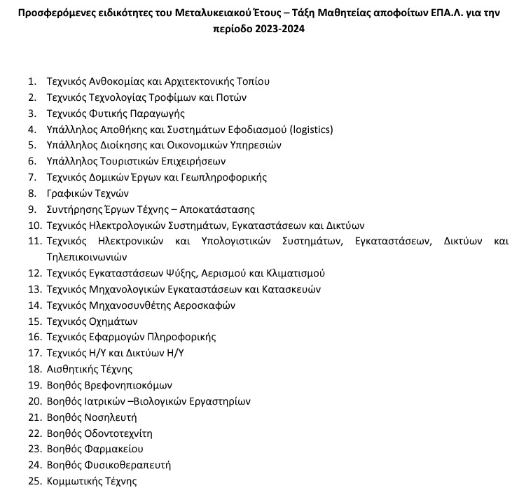 Προσφερόμενες ειδικότητες του Μεταλυκειακού Έτους – Τάξη Μαθητείας αποφοίτων ΕΠΑ.Λ. για την περίοδο 2023-2024